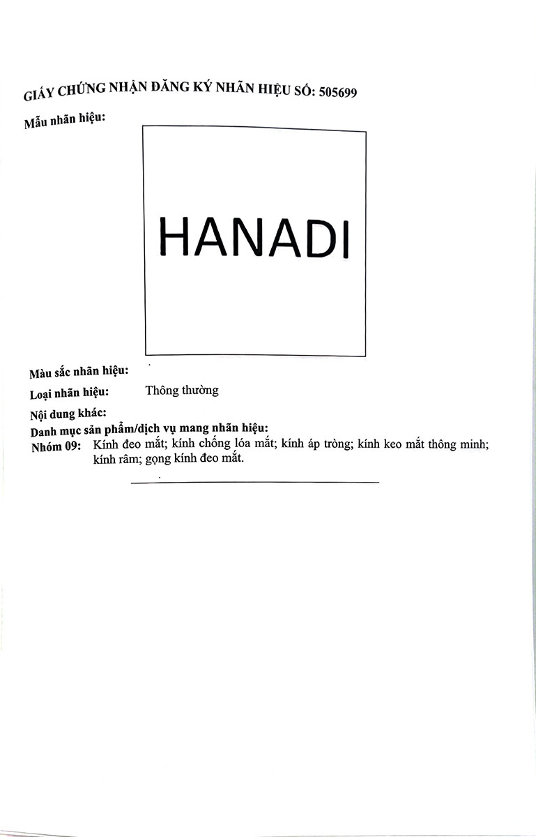 BẰNG NHÃN HIỆU HANADI